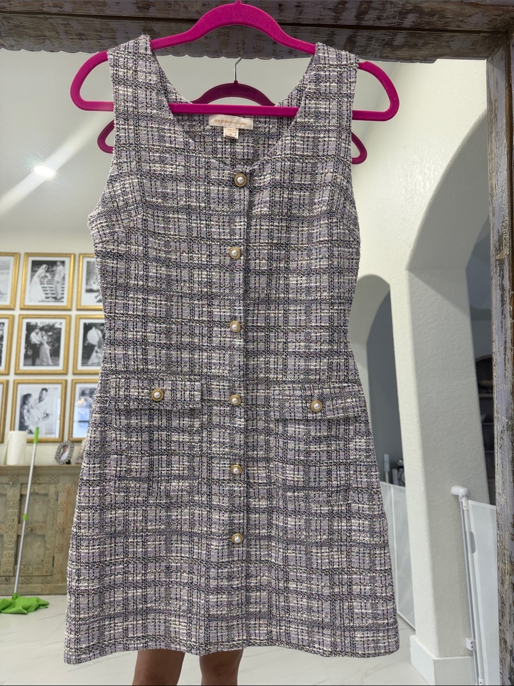 Monteau Tweed Mini Dress with Pearl Buttons